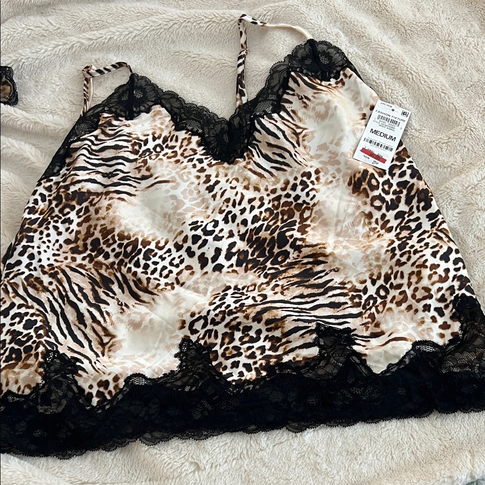 Inc International Concept Leopard Print Satin Shorts with Lace Trim Size M